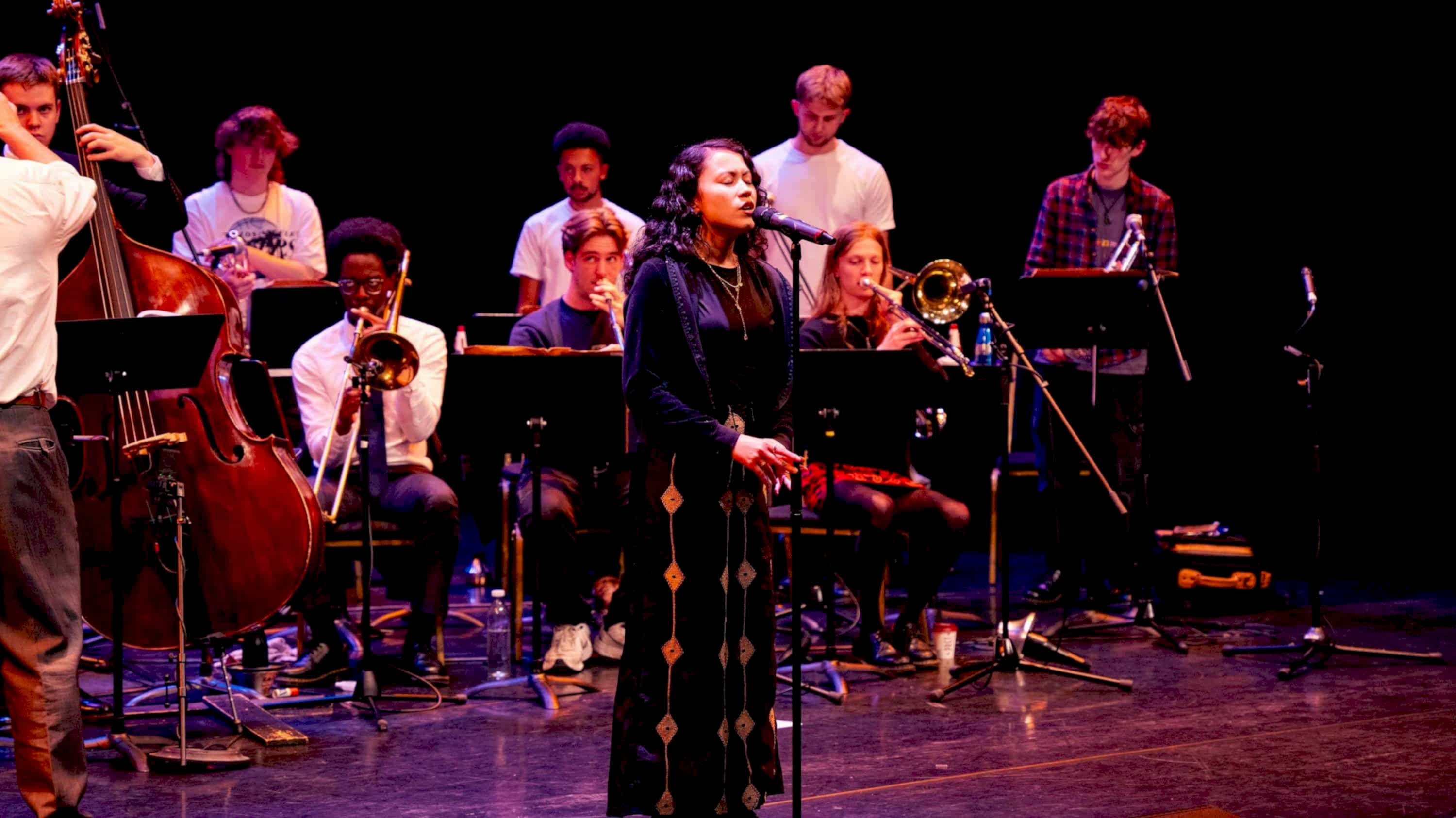A singer performs at a microphone with a band in the background